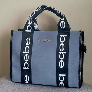 Bebe Hana canvas carryall, 12.5"x9", gray/black, crossbody strap, gold hardware